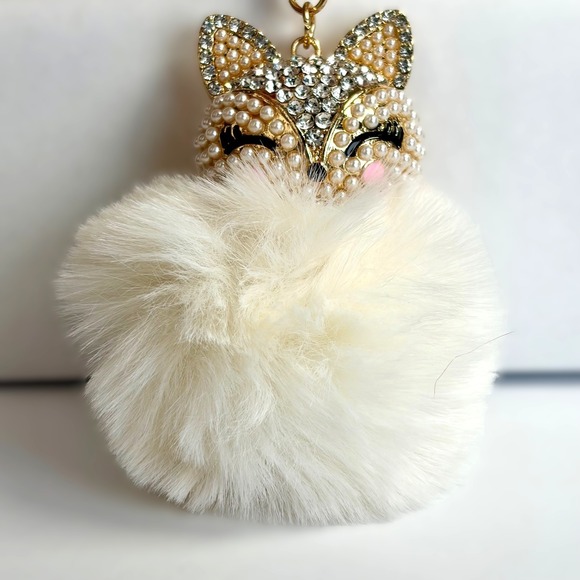 Accessories - Sparkly Fox Keychain Pearl Rhinestone Faux Fur Pom Pom Bag Charm Coquette Boho